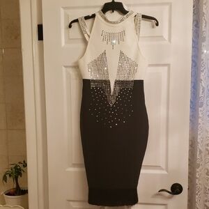 Elegant Black and White Midi Dress with Rhinestones